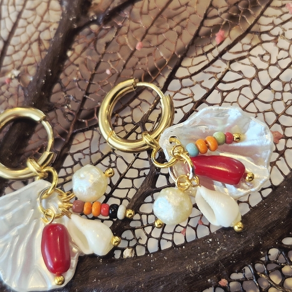 Artisan Jewelry - 18k Gold Plated Stainless Earrings Red Coral Freshwater Pearl Natual Shell